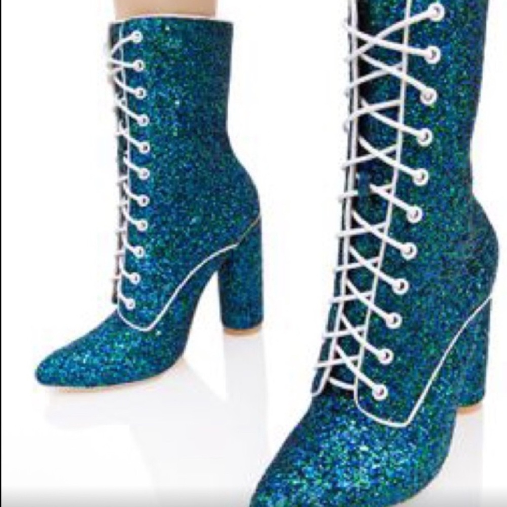 Glittery Blue & Green Cape Robbin Lace-Up Mama Mia Boots